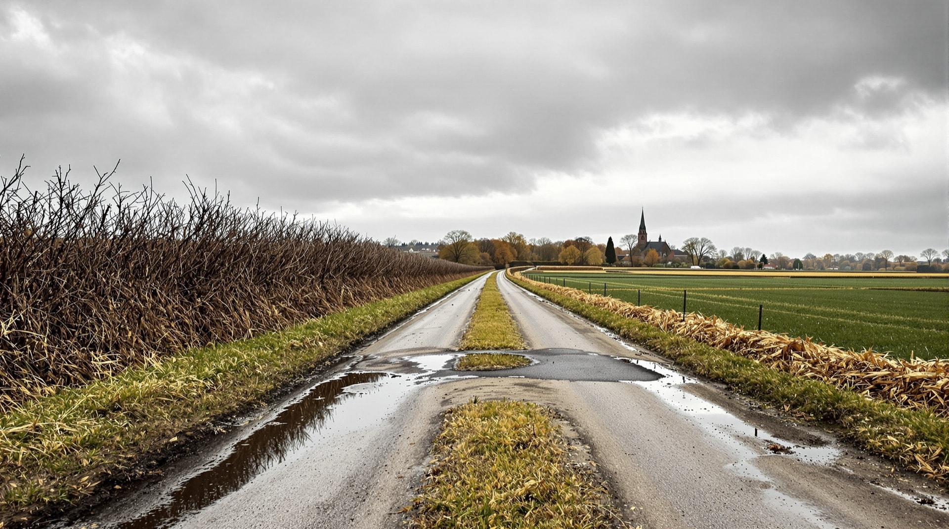 Feldweg zwischen abgeernteten Feldern mit Dorf und Kirchturm im Hintergrund – Landleben als Thema des Beitrags