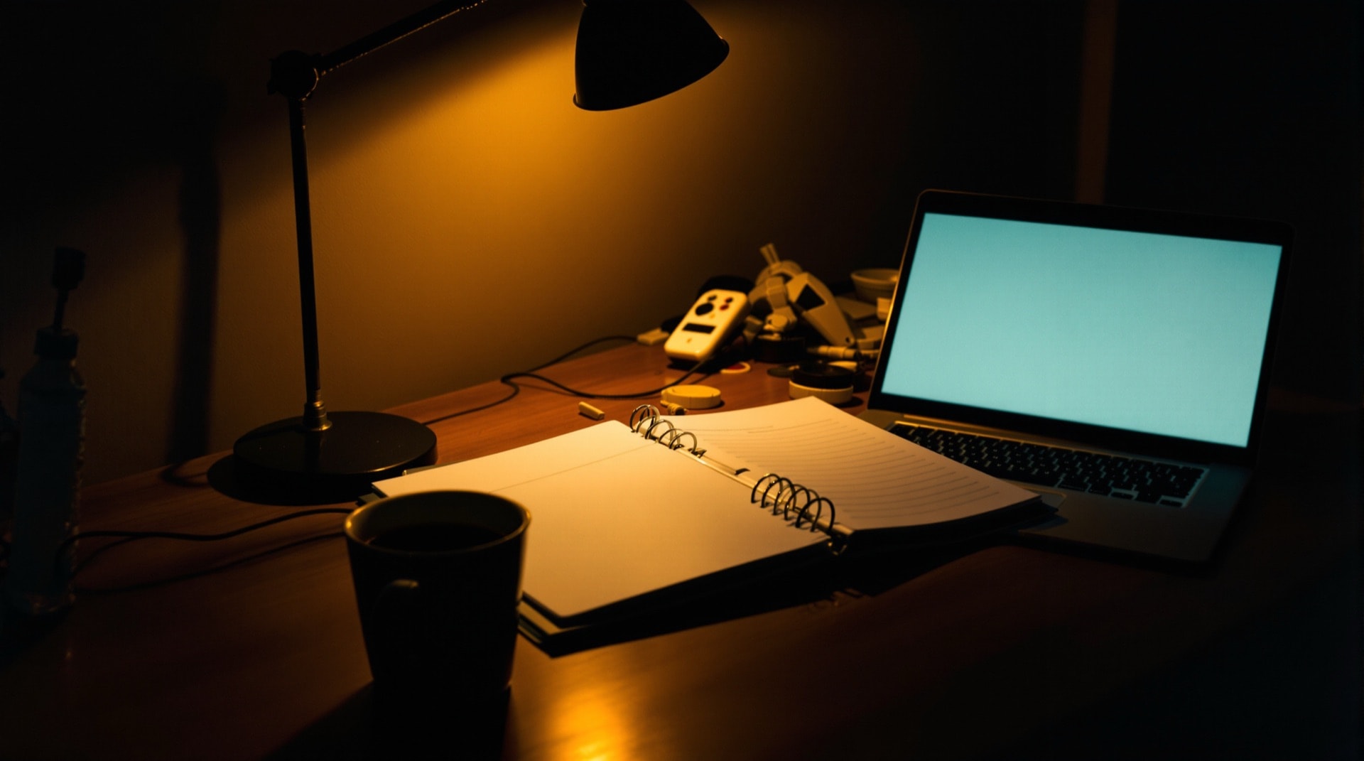 Schreibtisch mit Ordner und Lampe am späten Abend – Weiterbildung und Belastung als Themen des Bereichs Beruf