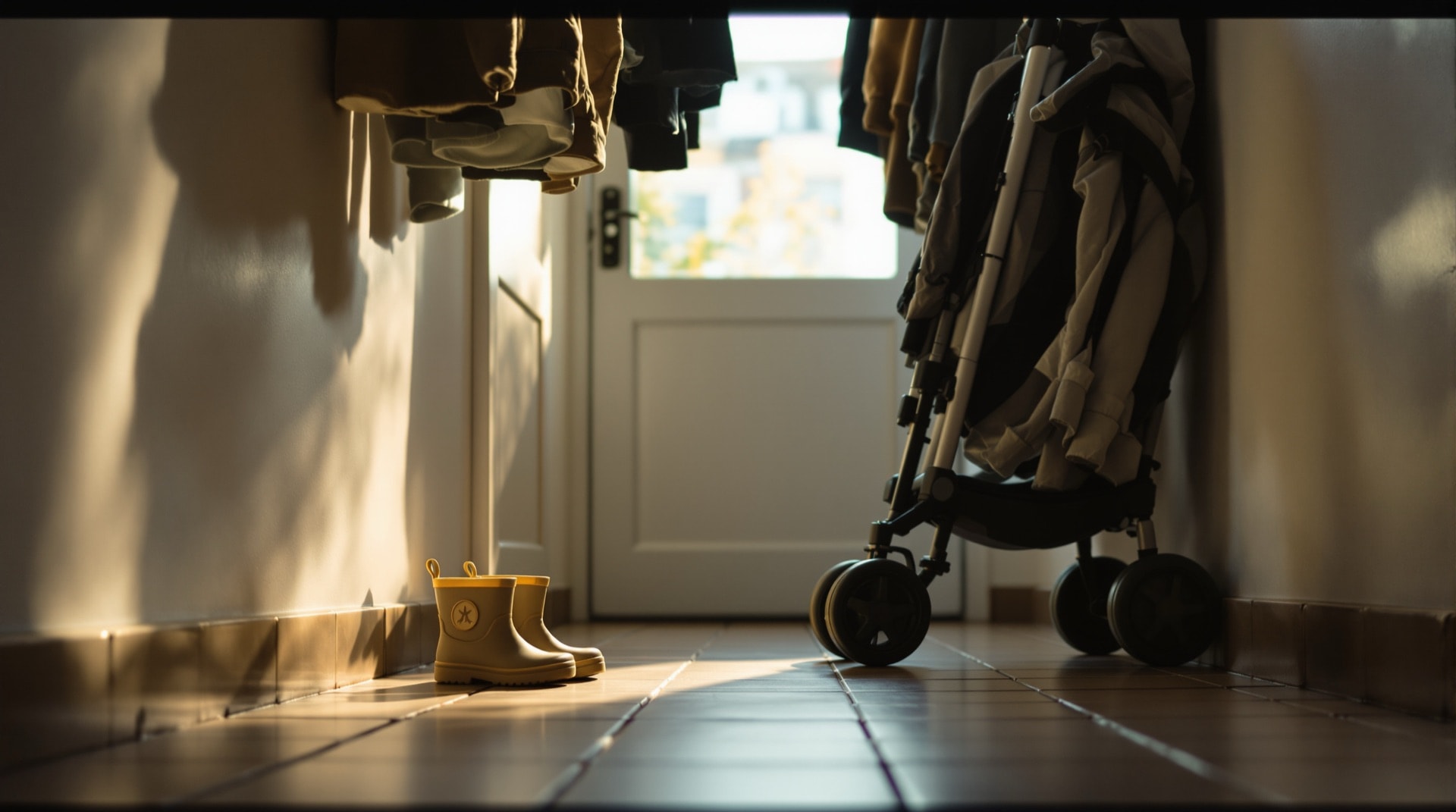 Kindergummistiefel und zusammengeklappter Kinderwagen im Flur – Familienalltag als Thema des Bereichs