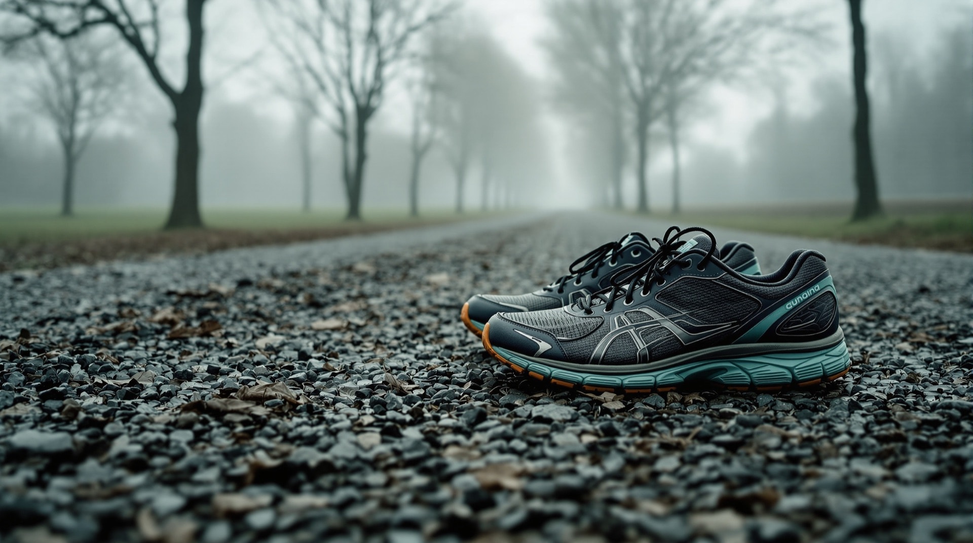 Abgetragene Laufschuhe auf einem feuchten Kiesweg – Bewegung als wiederkehrendes Thema im Bereich Gesundheit