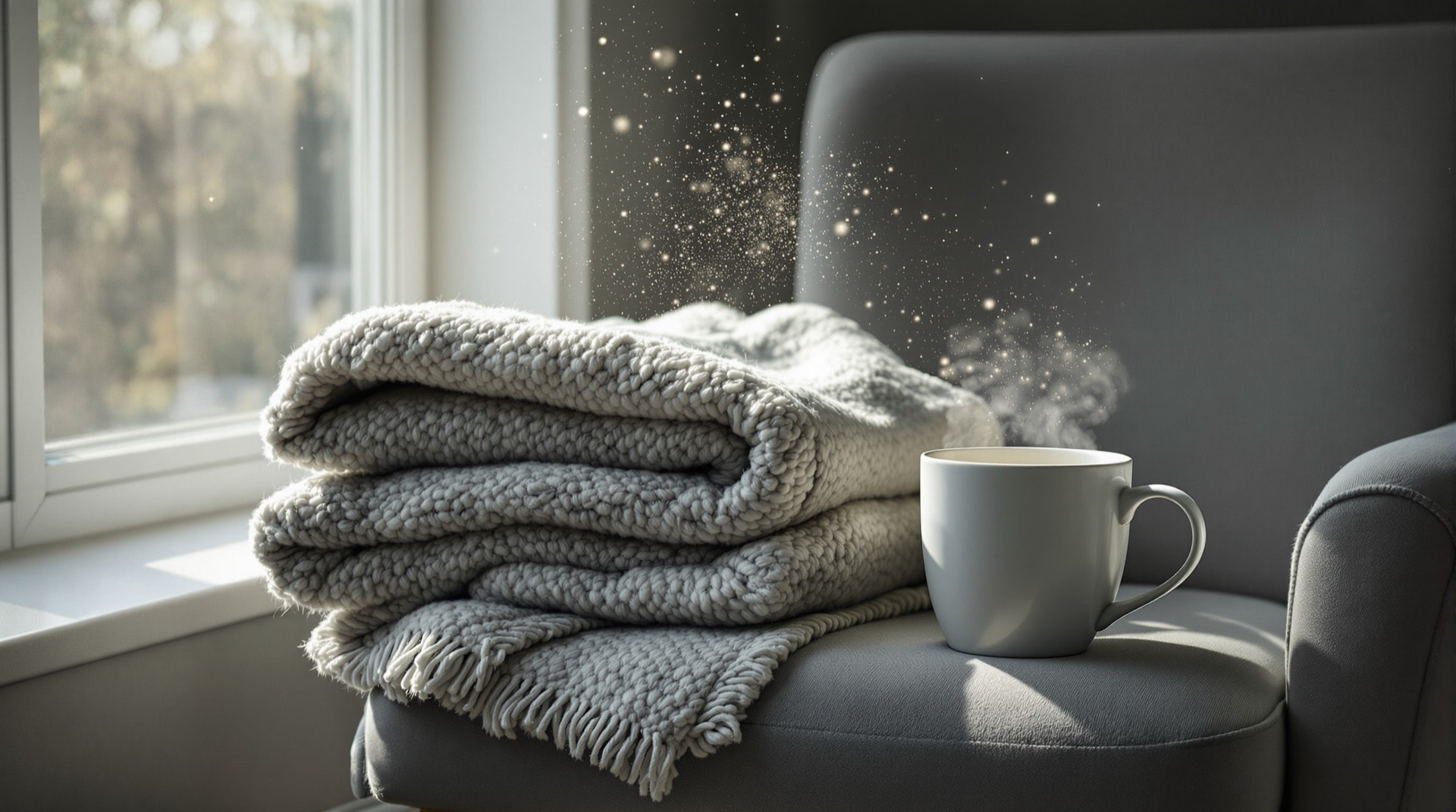 Wolldecke und Tasse auf einem Sessel am Fenster – häusliche Genesung als Thema des Bereichs Krankheiten