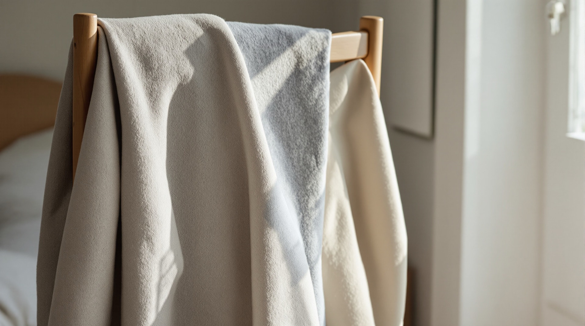 Gefaltete Strickwaren und ein Wollmantel über einer Stuhllehne – Kleidung und Beratung als Themen des Bereichs Mode