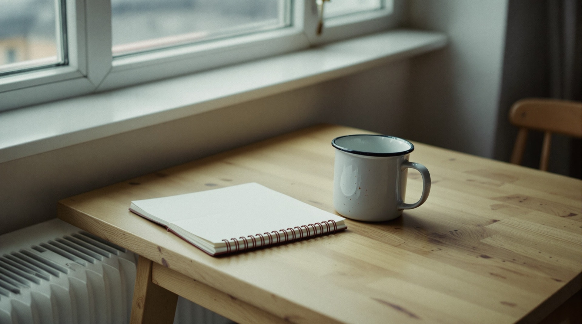 Notizbuch und Tasse auf einem Küchentisch am Fenster – Sinnbild für die Alltagsfragen der avioso-Community