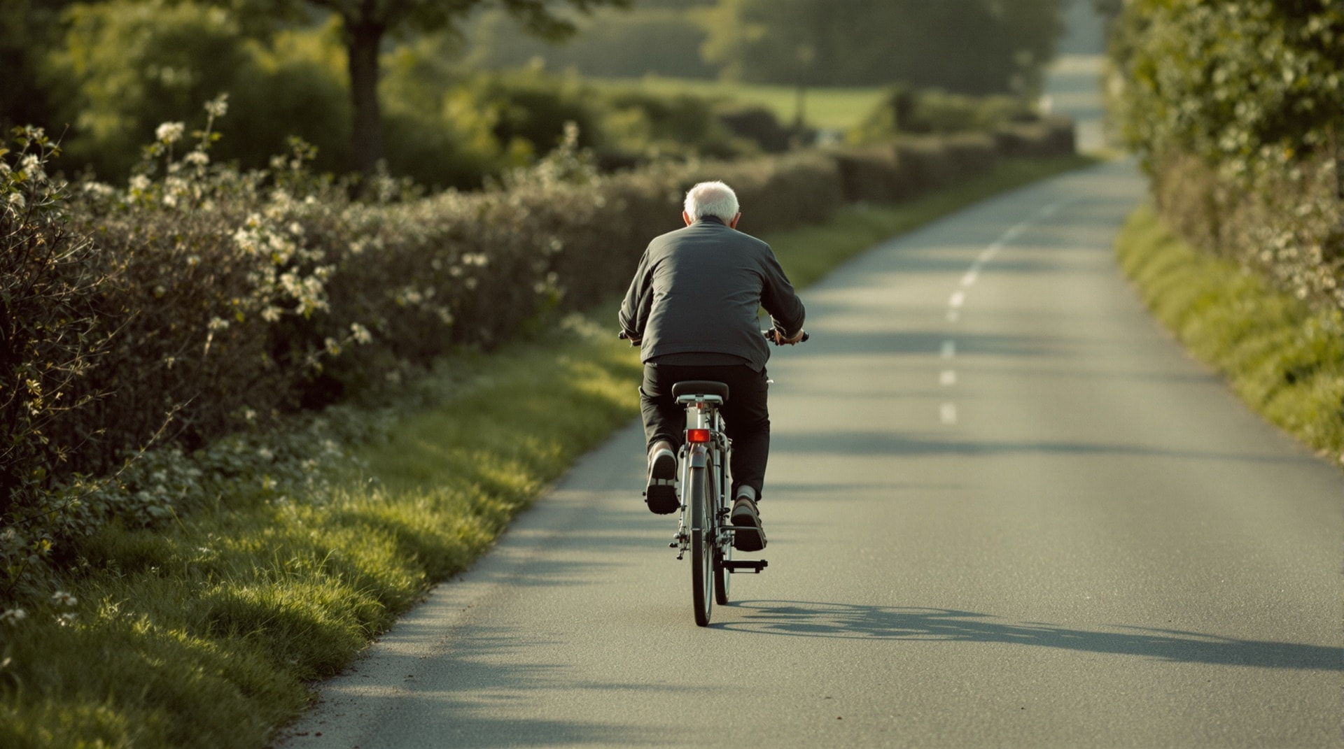 Ältere Person auf einem Tiefeinsteiger-Fahrrad von hinten auf einem Feldweg – Mobilität im Alter durch Pedelecs
